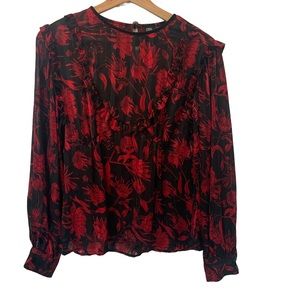 Zara Peasant Red and Black Floral Long Sleeve Sheer Blouse Women's Small